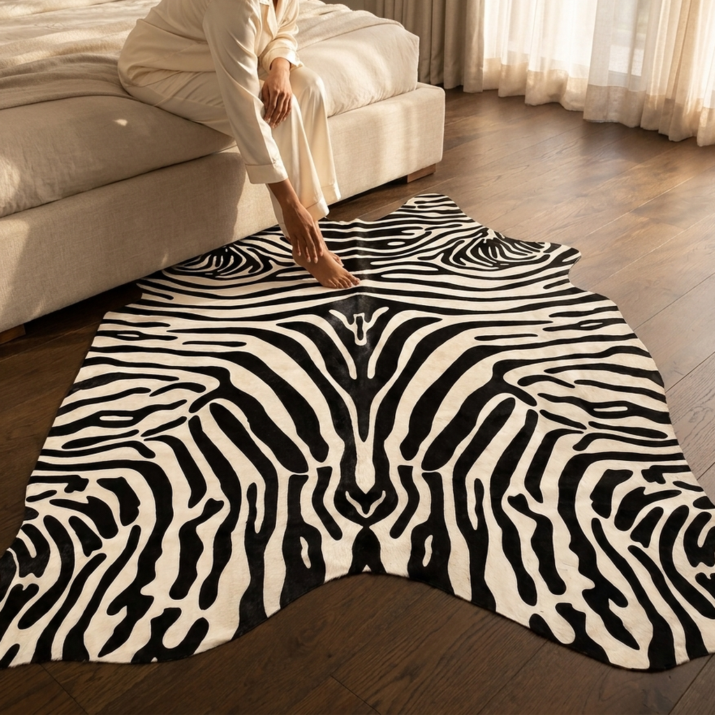 Tapete Bovino Serigrafia Zebra I em Couro Legítimo — foto de ambiente 1:1