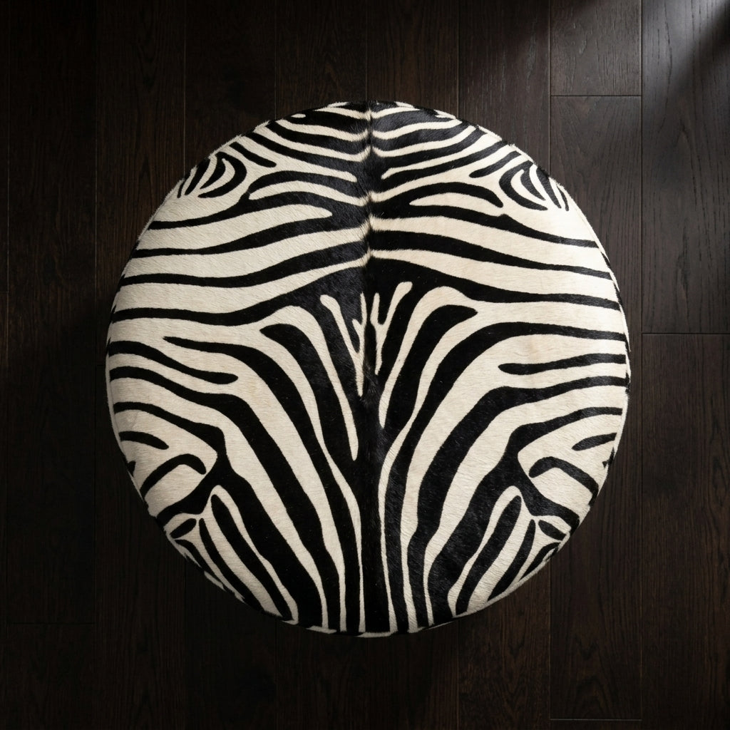 Puff Redondo em Couro Legítimo Serigrafia Zebra Tamanho Grande 80x40cm