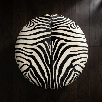 Puff Redondo em Couro Legítimo Serigrafia Zebra Tamanho Grande 80x40cm