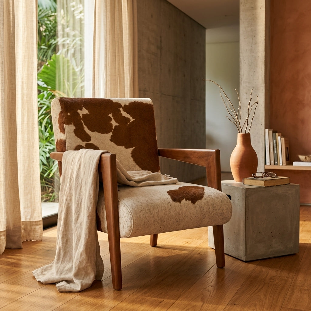 Poltrona Alice em Couro 100% Legítimo Marrom e Branco Malhado Linha Premium — foto de ambiente 1:1