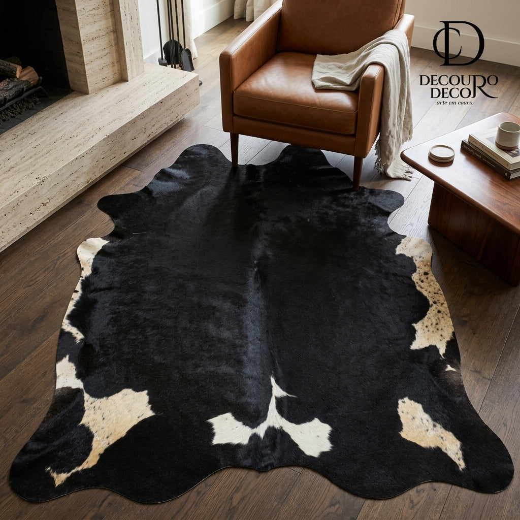 Tapete de pele de boi natural preto e branco pelo curto PB1090 — foto de ambiente 1:1