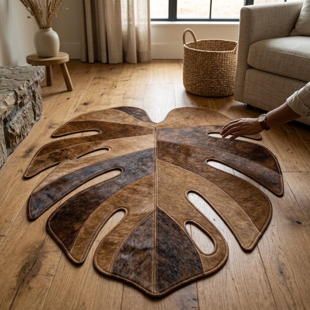 Tapete de Couro Orgânico Folha Monstera Caramelo — foto de ambiente 1:1