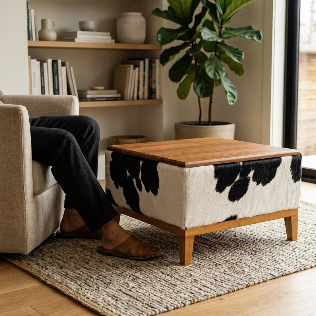 Mesa de Centro Preto e Branco em Couro e Madeira Maciça 60x60x35cm — foto de ambiente 1:1