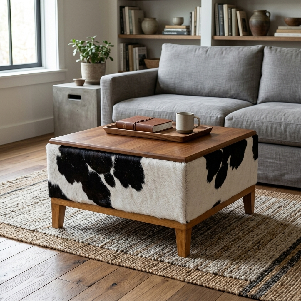 Mesa de Centro Preto e Branco em Couro e Madeira Maciça 60x60x35cm — foto de ambiente 1:1
