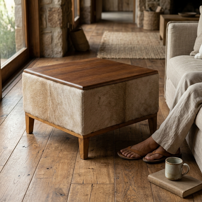 Mesa de Centro Bege Claro em Couro Natural e Madeira Maciça 60x60x35cm — foto de ambiente 1:1