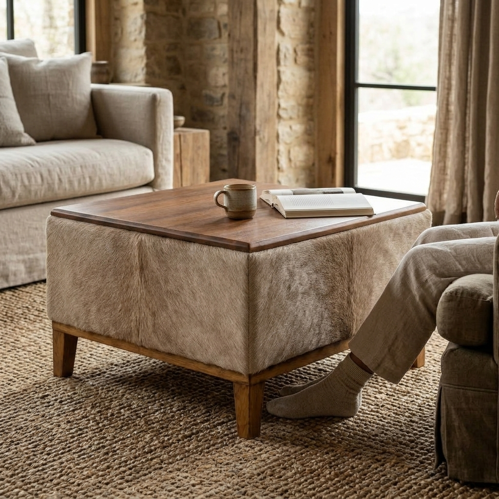Mesa de Centro Bege Claro em Couro Natural e Madeira Maciça 60x60x35cm — foto de ambiente 1:1