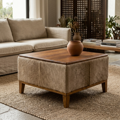 Mesa de Centro Bege Claro em Couro Natural e Madeira Maciça 60x60x35cm — foto de ambiente 1:1