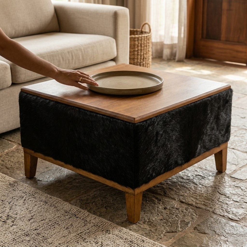 Mesa de Centro Preta em Couro Natural e Madeira Maciça 60x60x35cm — foto de ambiente 1:1