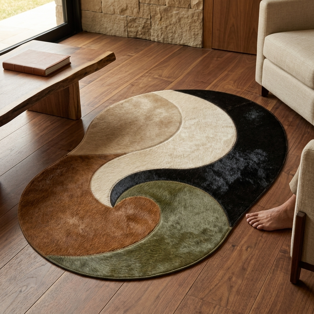 Tapete Orgânico de Couro Legítimo Vórtice – Preto, Terracota e Creme — foto de ambiente 1:1