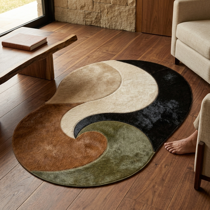 Tapete Orgânico de Couro Legítimo Vórtice – Preto, Terracota e Creme — foto de ambiente 1:1