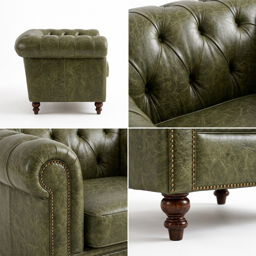 Perfil lateral da Poltrona Chesterfield Verde Esmeralda com closes do capitonê e dos pés torneados
