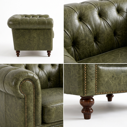 Perfil lateral da Poltrona Chesterfield Verde Esmeralda com closes do capitonê e dos pés torneados