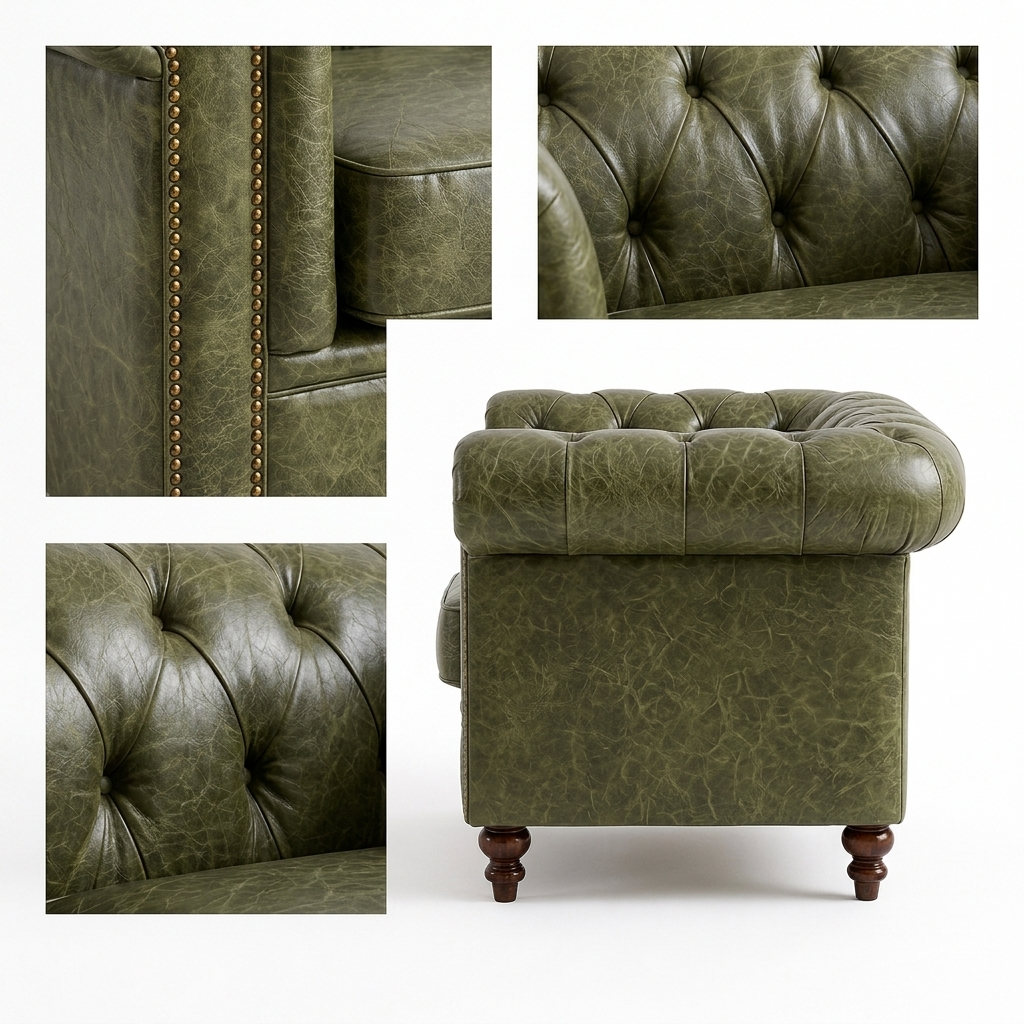 Detalhes da Poltrona Chesterfield Verde Esmeralda: capitonê, cravejado de tachas e perfil completo