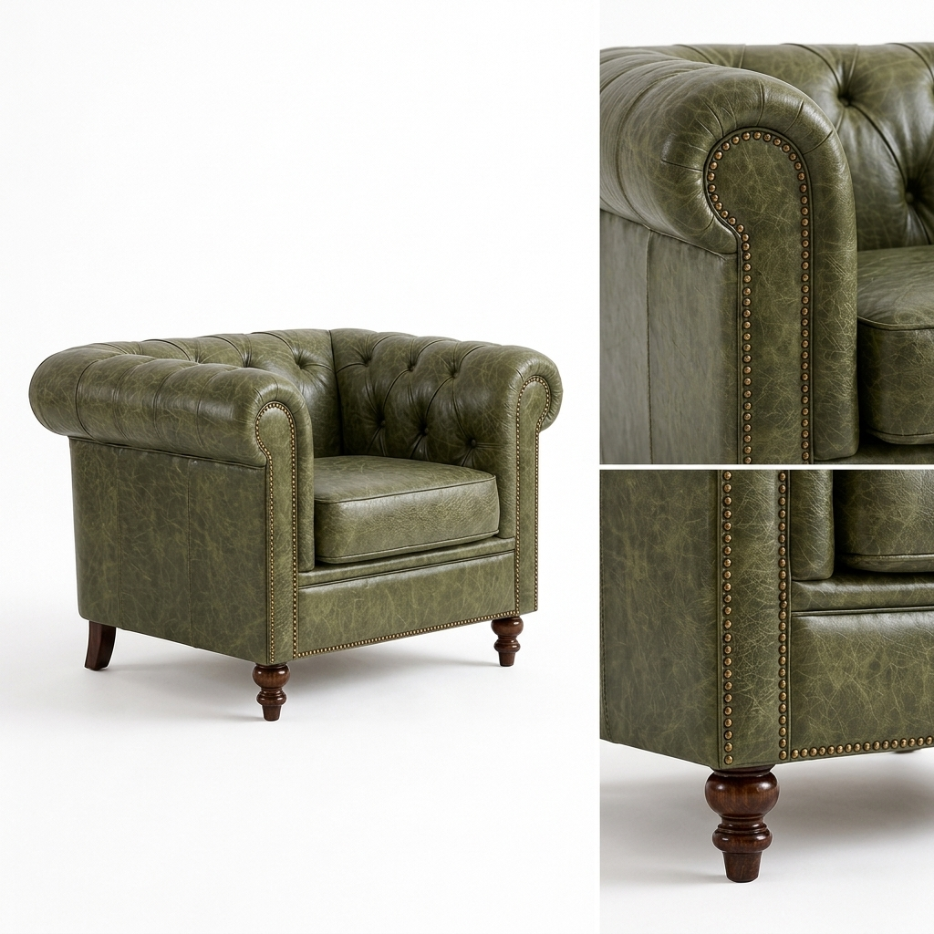 Poltrona Chesterfield Verde Esmeralda em vista frontal e traseira, com detalhe do braço rolô