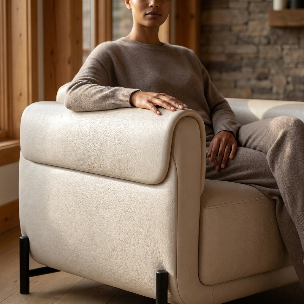 Poltrona Plush Marfim Off-White em Couro Legítimo com Base Metálica — em ambiente decorado