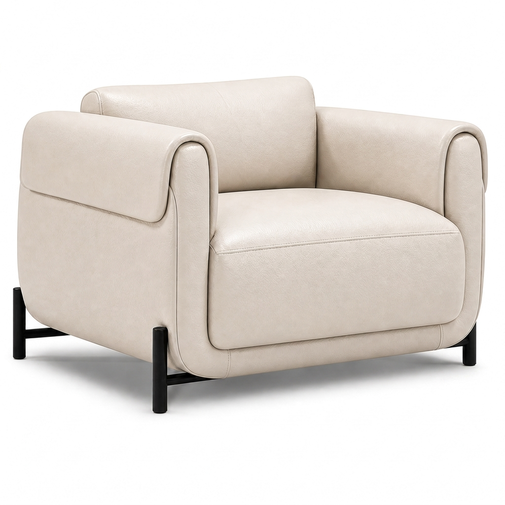 Poltrona Plush Marfim Off-White em Couro Legítimo com Base Metálica — em ambiente decorado