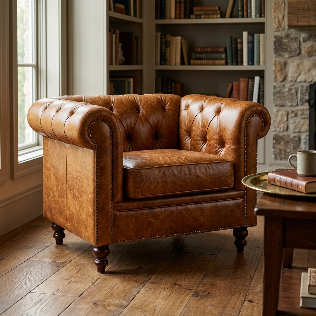 Poltrona Chesterfield Caramelo em canto de leitura com mesa lateral redonda e parede de pedra
