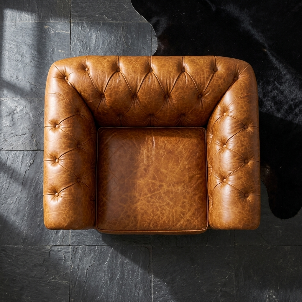 Poltrona Chesterfield Caramelo vista de cima sobre fundo de pedra escura, destacando o cravejado de tachas