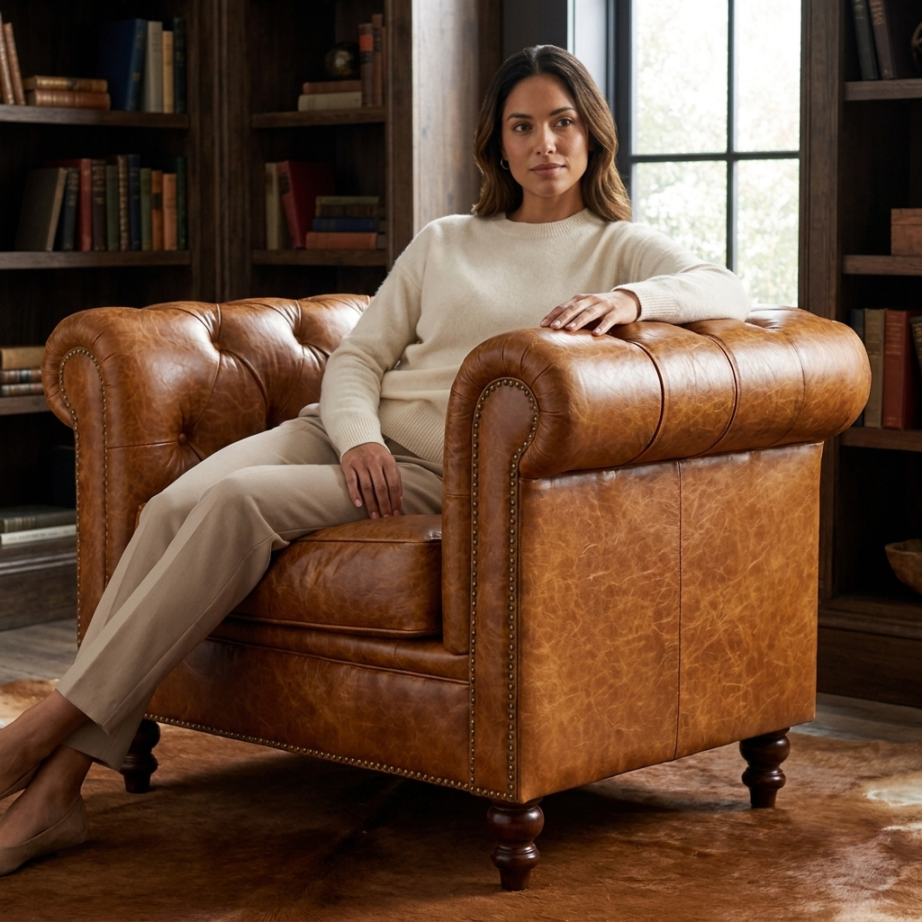 Mulher sentada na Poltrona Chesterfield Caramelo em biblioteca de madeira escura