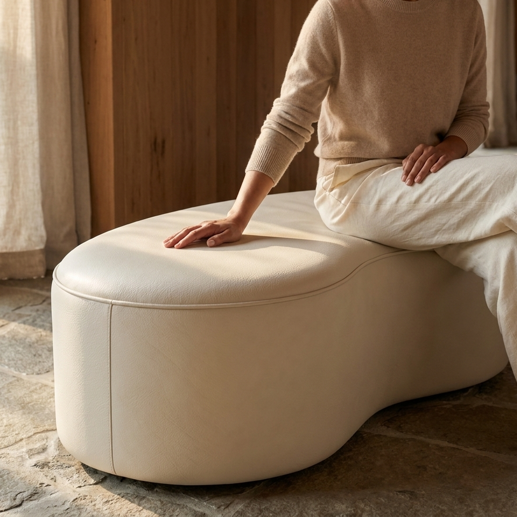 Puff Onda Orgânico em Couro Off White — foto de ambiente 1:1