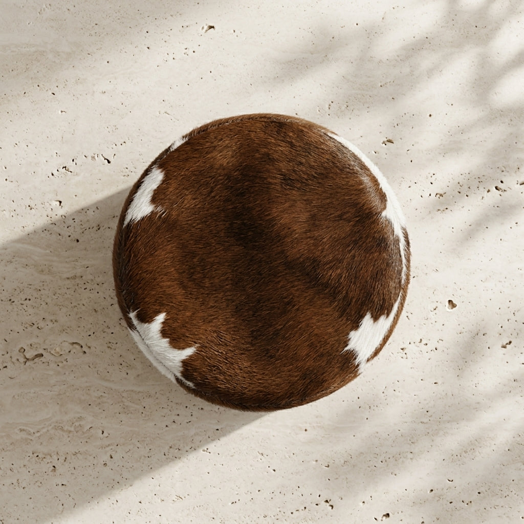 Puff Redondo em Couro Bovino Hereford Marrom e Branco 40x40 cm Tamanho Pequeno
