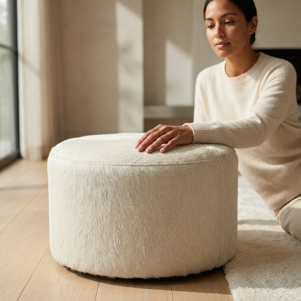Puff Redondo em Couro Bovino Natural Branco 60x40 cm Tamanho Médio — foto de ambiente 1:1