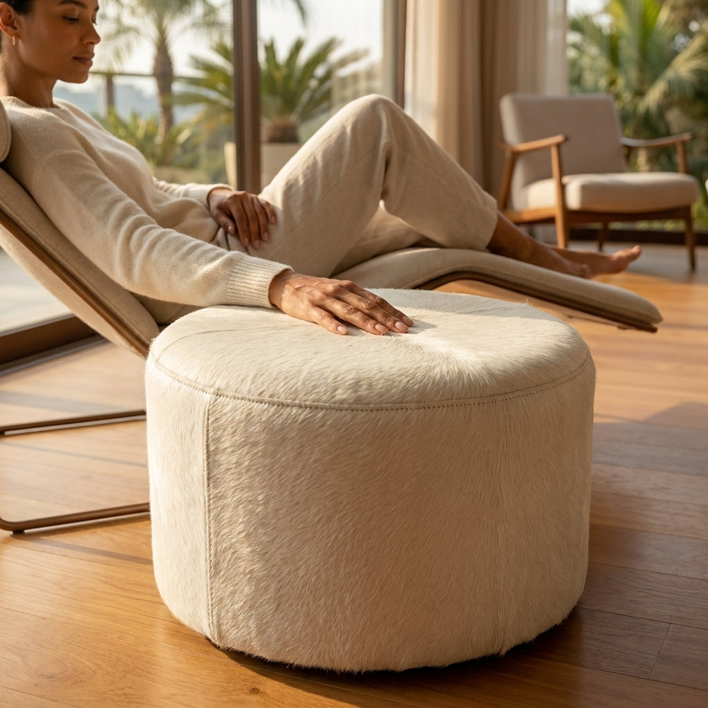 Puff Redondo em Couro Bovino Natural Branco 60x40 cm Tamanho Médio — foto de ambiente 1:1