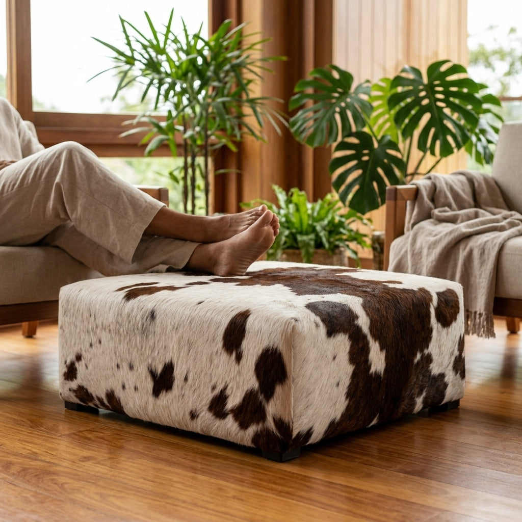 Puff Quadrado Marrom Escuro e Branco Malhado em Couro Legítimo - 80x80cm Tamanho Grande