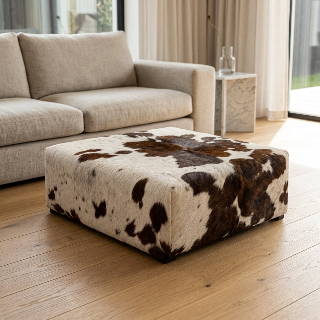 Puff Quadrado Marrom Escuro e Branco Malhado em Couro Legítimo - 80x80cm Tamanho Grande