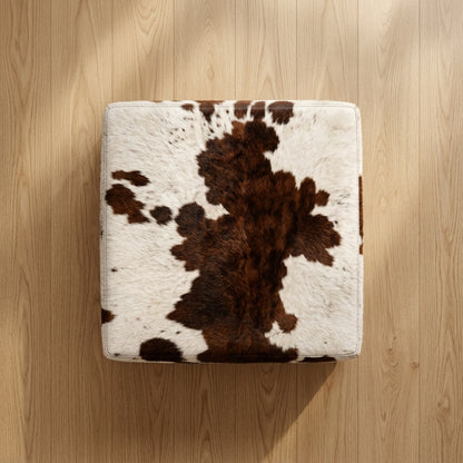 Puff Quadrado Marrom Escuro e Branco Malhado em Couro Legítimo - 80x80cm Tamanho Grande