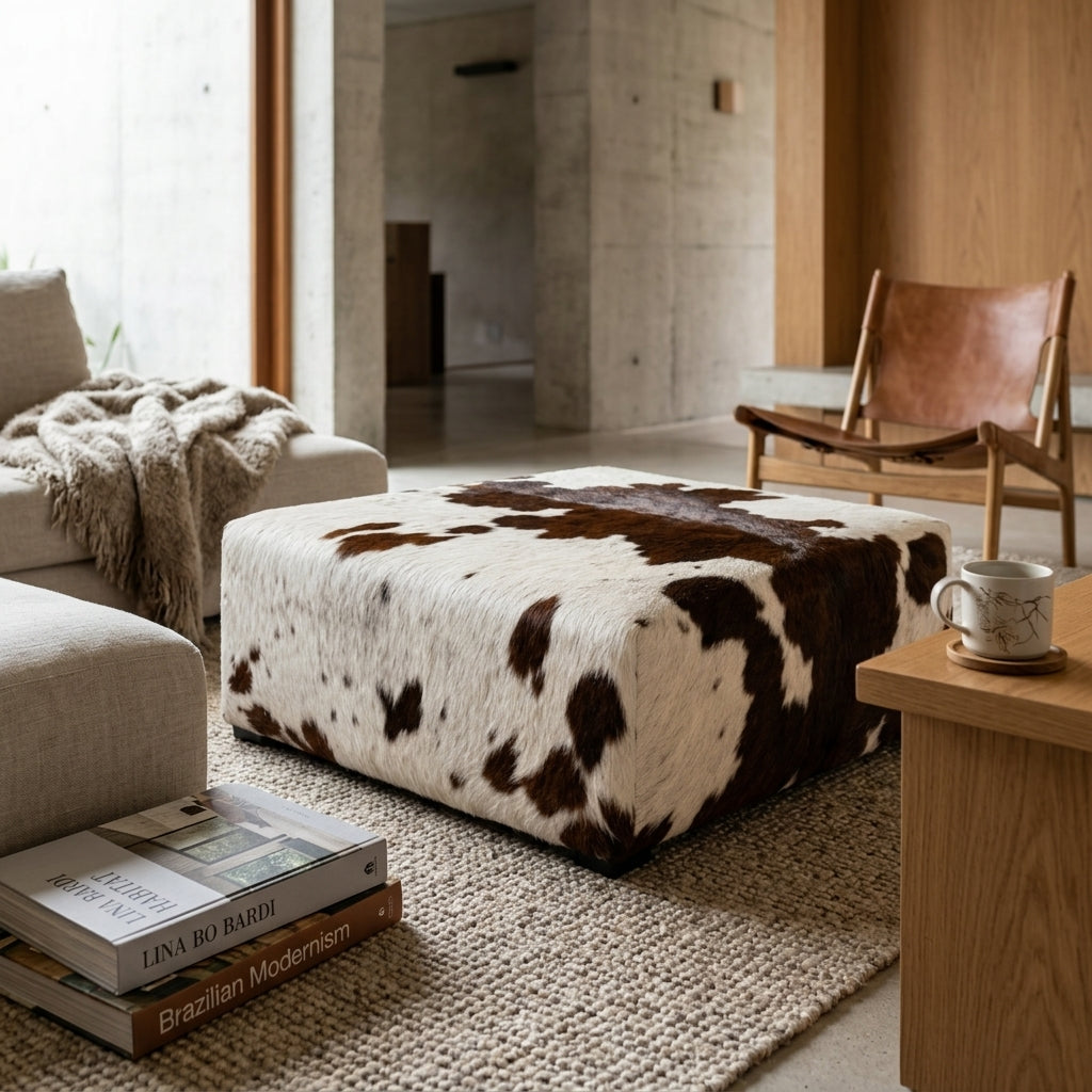 Puff Quadrado Marrom Escuro e Branco Malhado em Couro Legítimo - 80x80cm Tamanho Grande