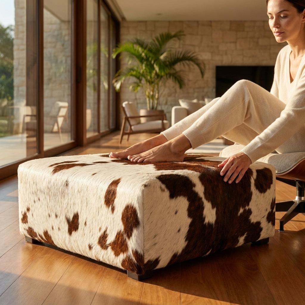 Puff Quadrado Marrom Escuro e Branco Malhado em Couro Legítimo - 80x80cm Tamanho Grande