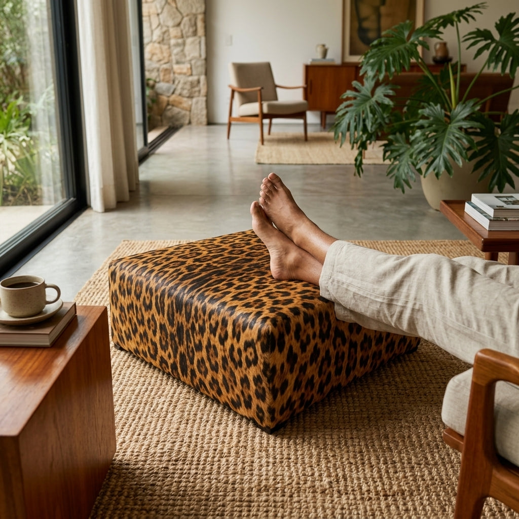 Puff Quadrado Savana Onça 80x80cm em Couro Legítimo com Serigrafia Animal Print — foto de ambiente 1:1