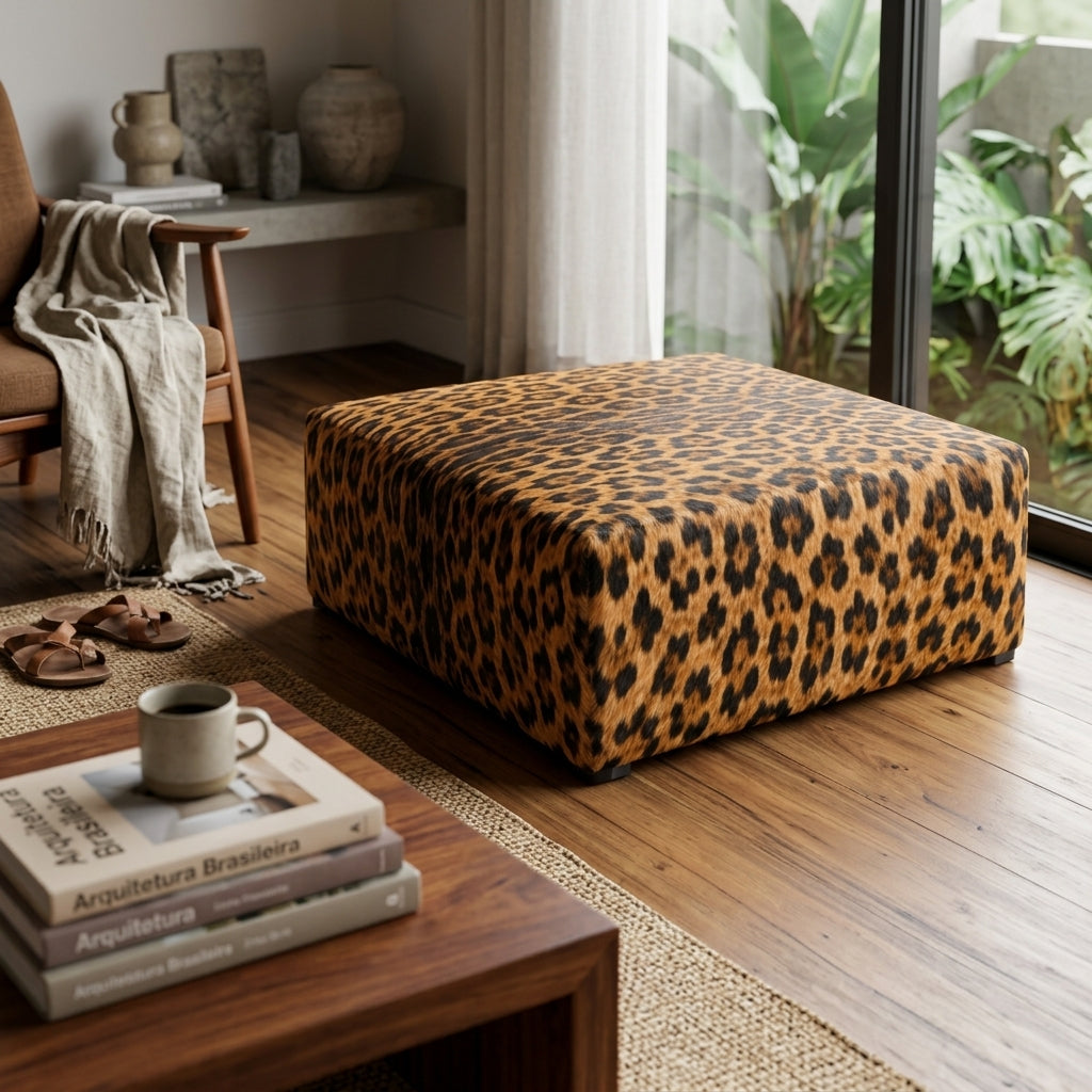 Puff Quadrado Savana Onça 80x80cm em Couro Legítimo com Serigrafia Animal Print — foto de ambiente 1:1