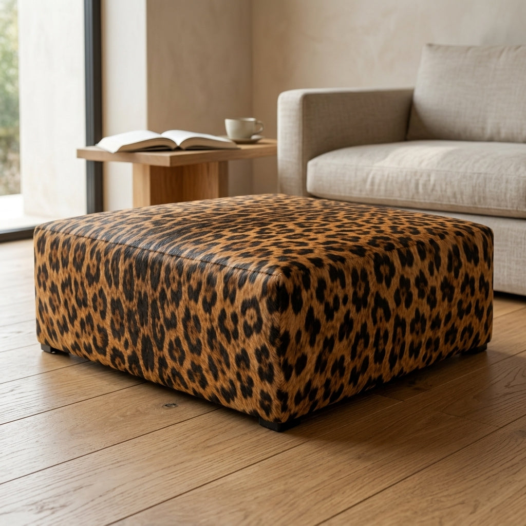 Puff Quadrado Savana Onça 80x80cm em Couro Legítimo com Serigrafia Animal Print — foto de ambiente 1:1