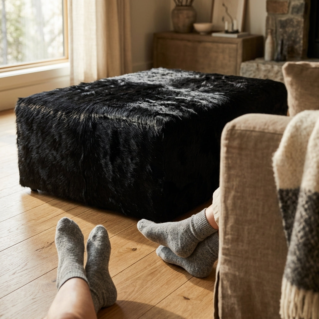 Puff de Couro Bovino 100% Natural Retangular Preto Pelo Longo Tamanho Extra Grande 1.20m x 80cm x 40cm — foto de ambiente 1:1