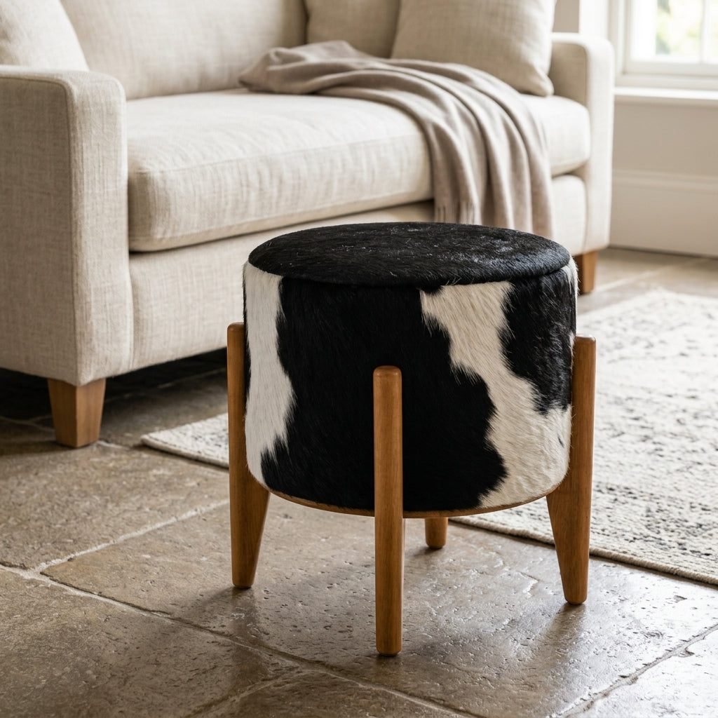 Puff Austin 2 em 1 Preto e Branco - Mesinha Reversível 100% Couro Natural — foto de ambiente 1:1