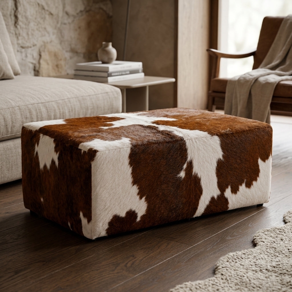 Puff de Couro Bovino Retangular Marrom e Branco – Premium — foto de ambiente 1:1