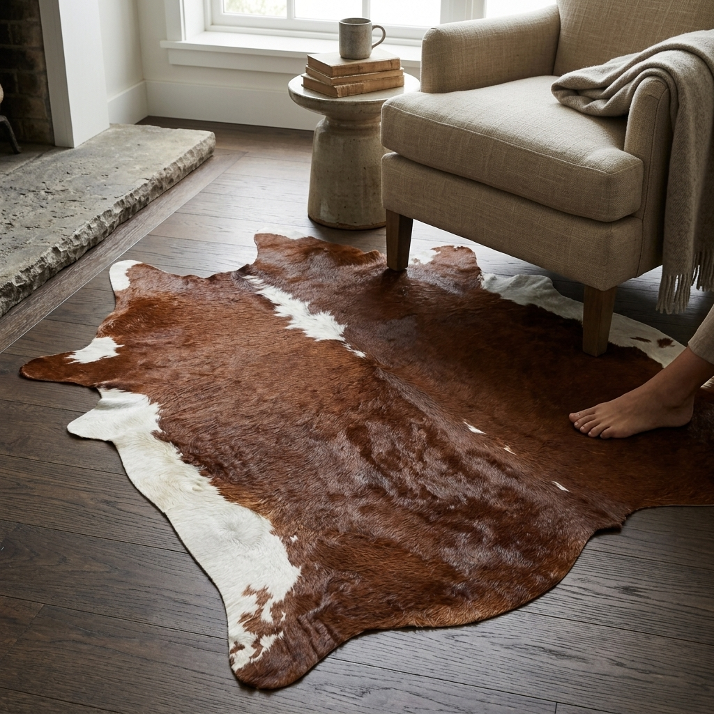 Tapete de pele de boi vermelho e branco brilhoso VB1123 — foto de ambiente 1:1