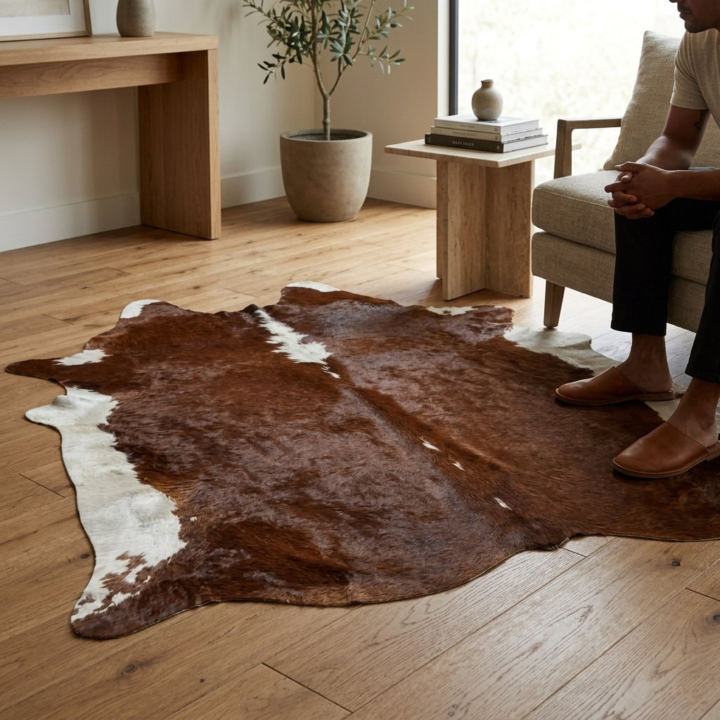 Tapete de pele de boi vermelho e branco brilhoso VB1123 — foto de ambiente 1:1