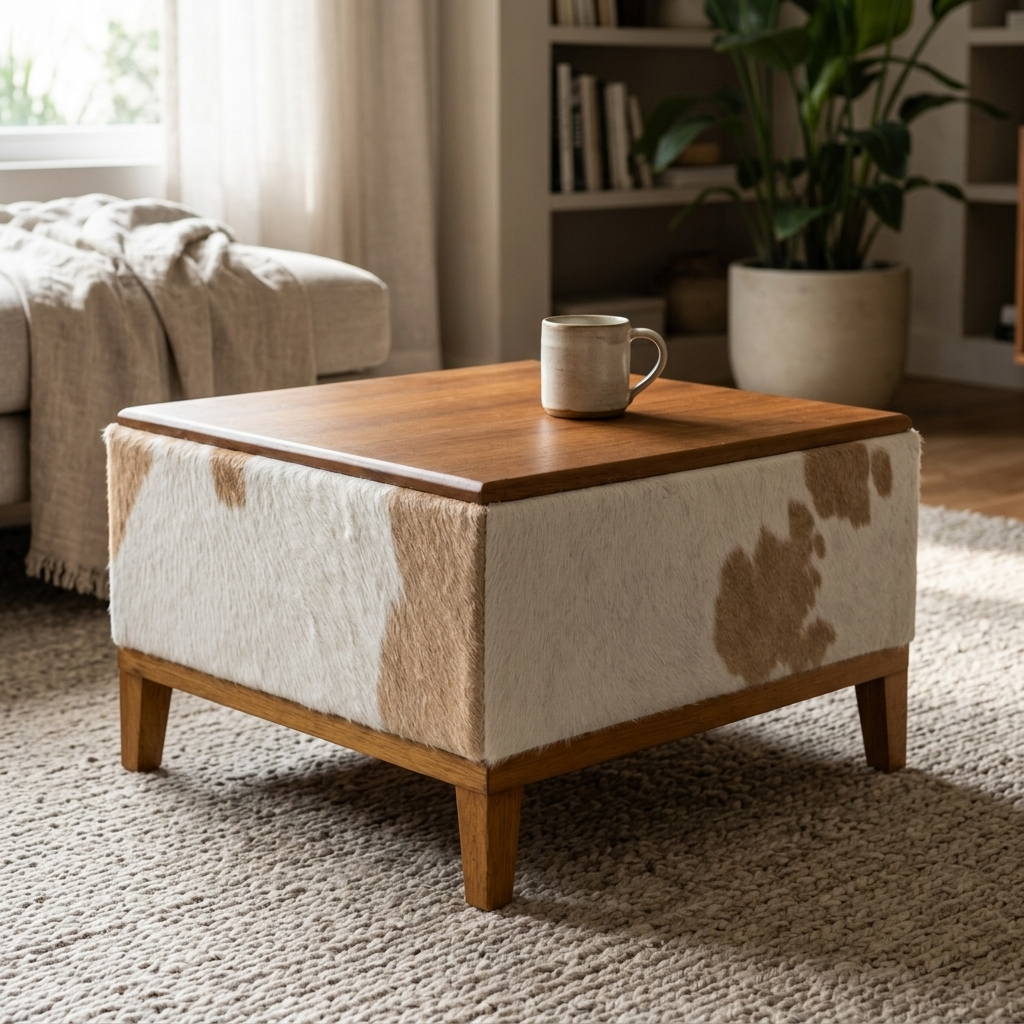Mesa de Centro em Couro e Madeira Maciça 60x60x35cm - Pronta Entrega — foto de ambiente 1:1