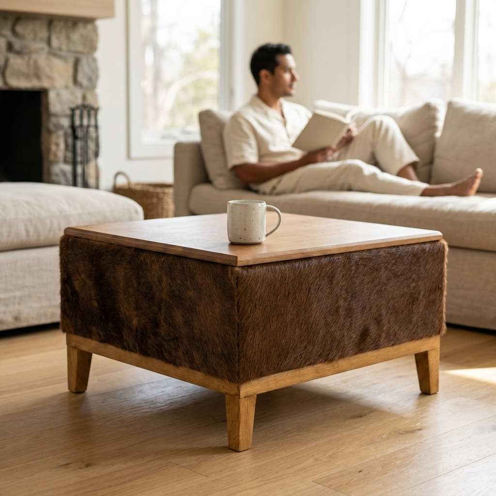 Mesa de Centro Marrom em Couro e Madeira Maciça 60x60x35cm — foto de ambiente 1:1