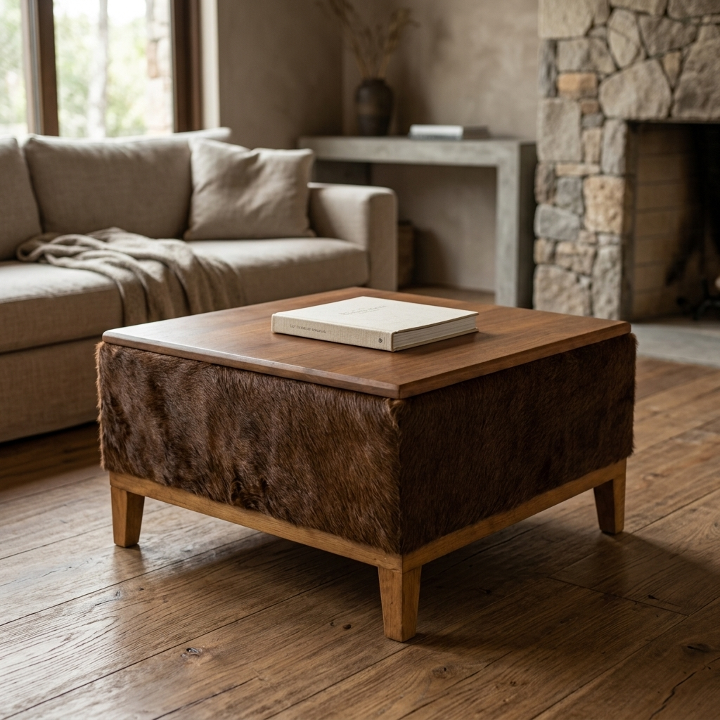 Mesa de Centro Marrom em Couro e Madeira Maciça 60x60x35cm — foto de ambiente 1:1