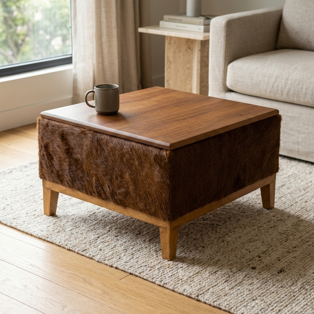Mesa de Centro Marrom em Couro e Madeira Maciça 60x60x35cm — foto de ambiente 1:1