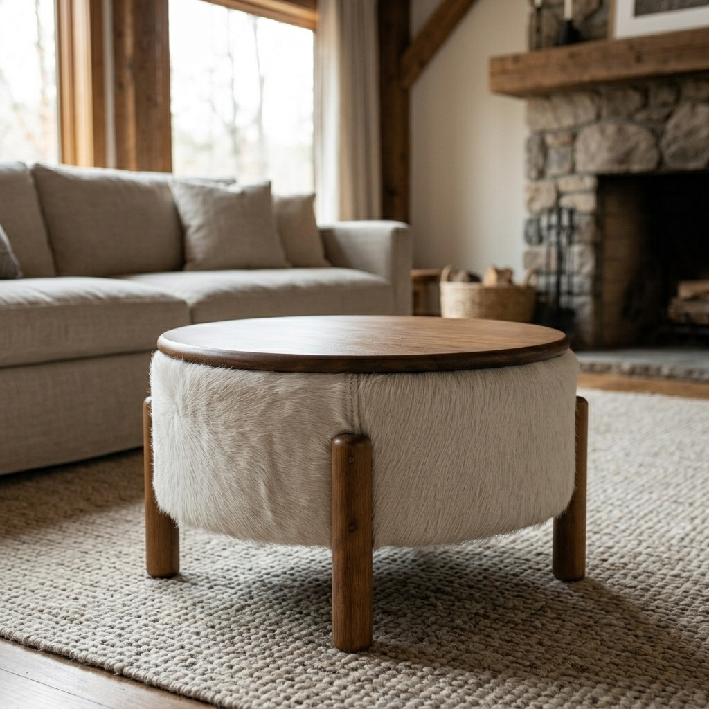 Mesa de Centro Redonda em Madeira e Couro Natural Branco 55x32cm — foto de ambiente 1:1