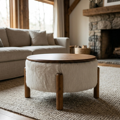 Mesa de Centro Redonda em Madeira e Couro Natural Branco 55x32cm — foto de ambiente 1:1