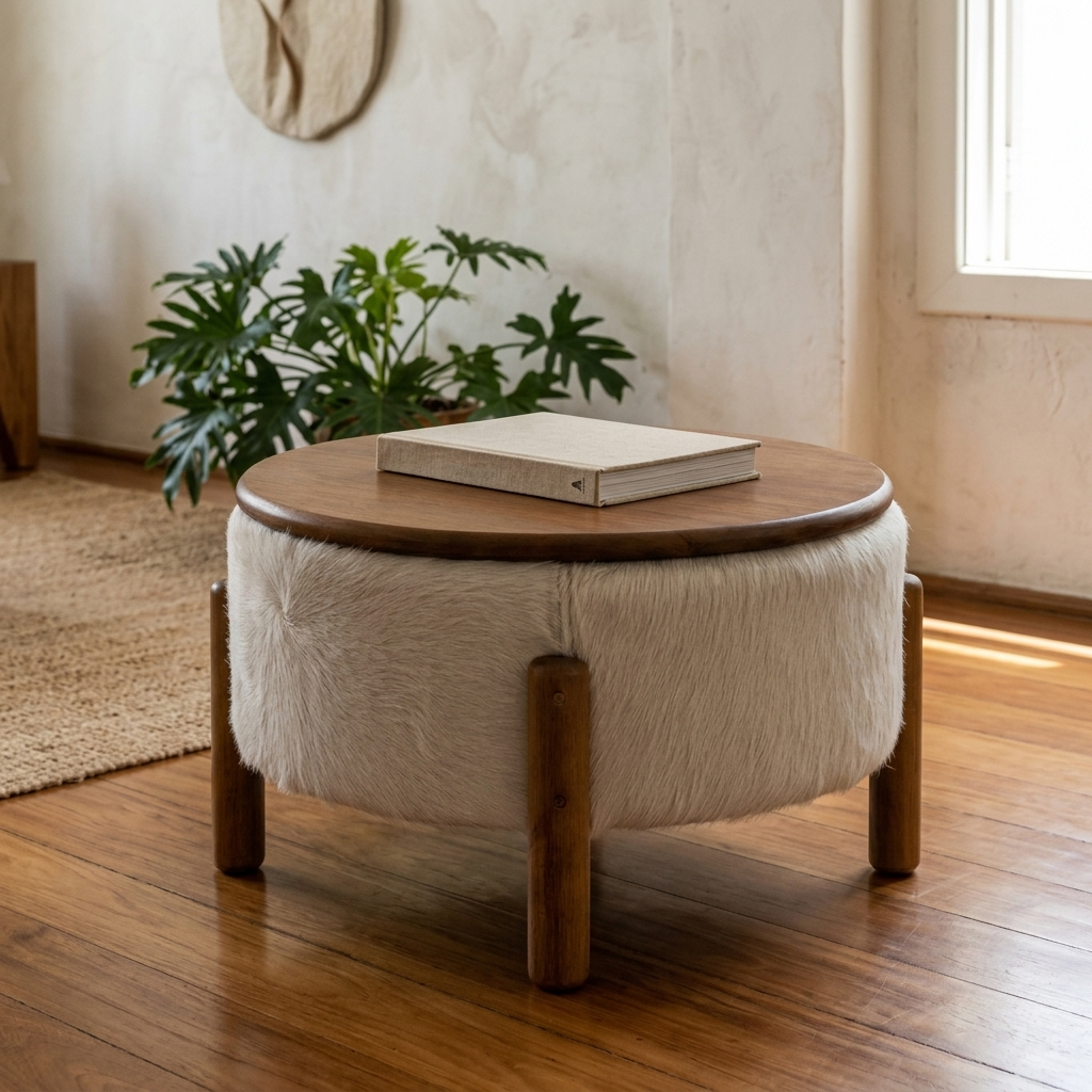 Mesa de Centro Redonda em Madeira e Couro Natural Branco 55x32cm — foto de ambiente 1:1