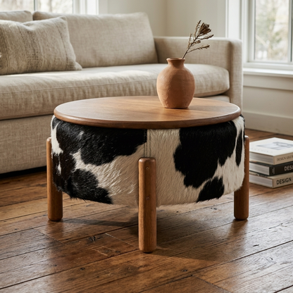 Mesa de Centro Redonda em Madeira e Couro Natural Preto e Branco Malhado 55x32cm — foto de ambiente 1:1