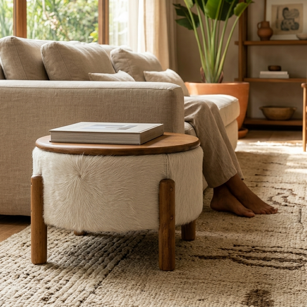 Mesa de Centro Redonda em Madeira e Couro Natural Branco 55x32cm — foto de ambiente 1:1