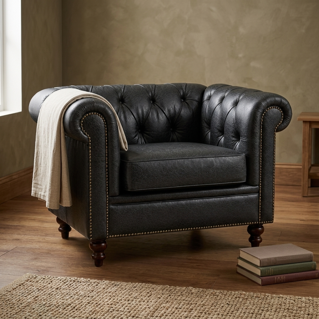 Poltrona Chesterfield Preto Grafite com manta no braço, sobre tapete de sisal e livros empilhados